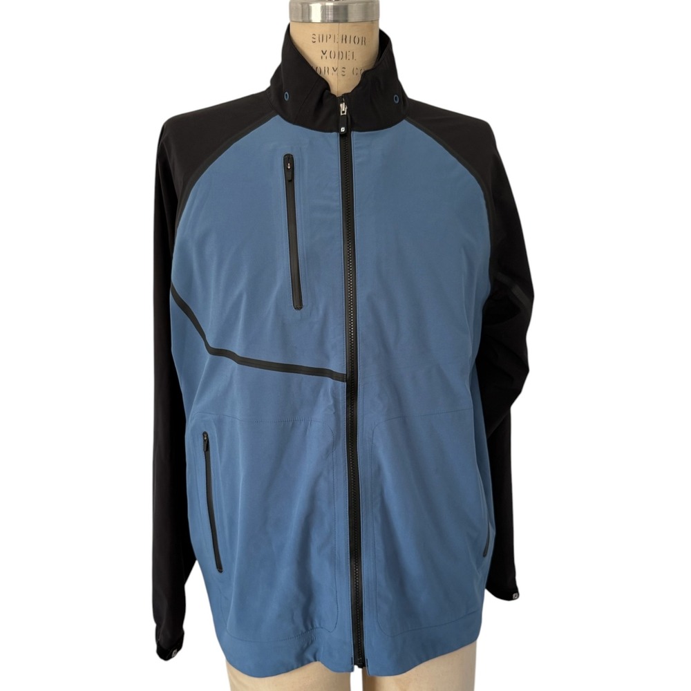FootJoy HydroTour Rain Golf Jacket Mens L Waterproof Blue Black Full Zip Pockets